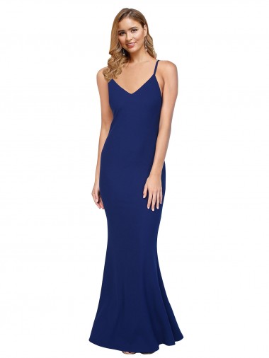 Purchase Full Length V-Neckline Crepe Prom Dress with Thin Straps and Fulted Skirt UK