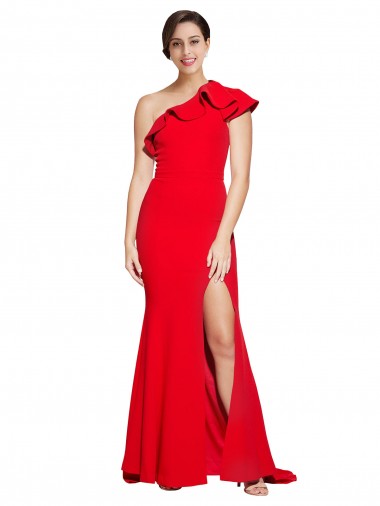 Purchase One Shoulder Long Sweep Train Crepe Prom Dress with Thigh High Split UK