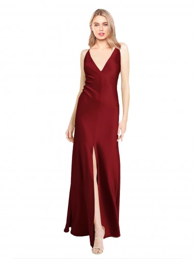 Purchase Floor Length Deep V-Back Stretch Satin Prom Dress with Front Slit UK