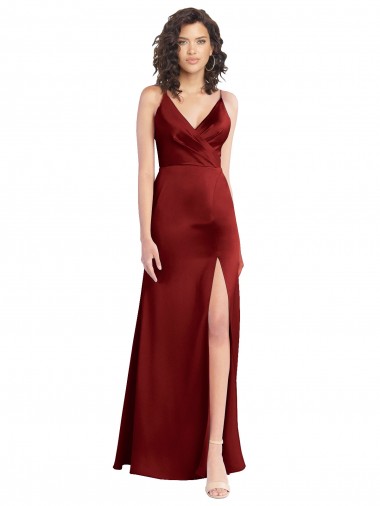 Purchase Faux Surplice Neckline Long Slim A-Line Stretch Satin Prom Dress UK