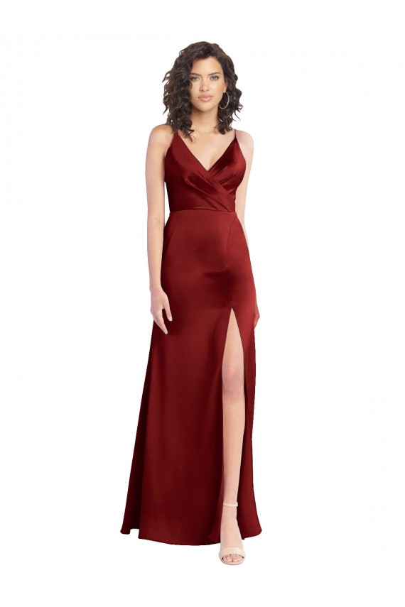 Purchase Faux Surplice Neckline Long Slim A-Line Stretch Satin Prom Dress UK