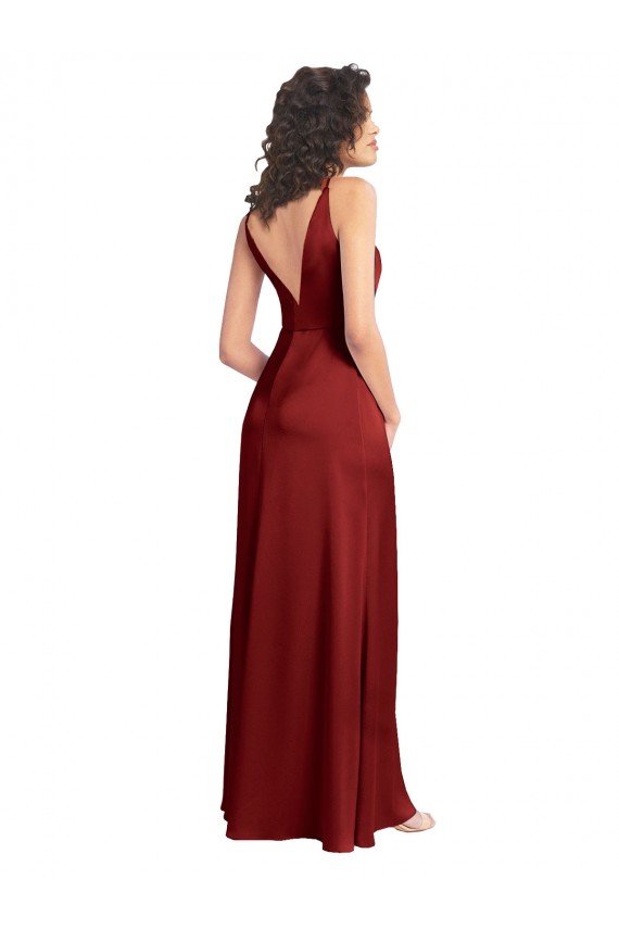 Purchase Faux Surplice Neckline Long Slim A-Line Stretch Satin Prom Dress UK