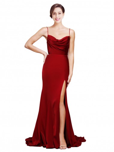 Purchase Cowl Front Neck Sweep Train Stretch Satin Prom Dress with High Side Split UK