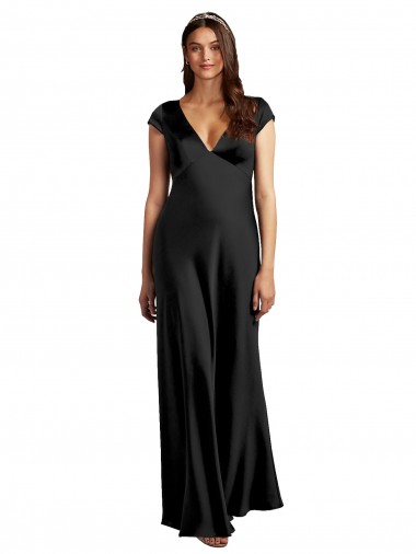 Purchase Plunging V-Neck Cap Cleeves Long Stretch Satin Prom Dress with Keyhole Back UK