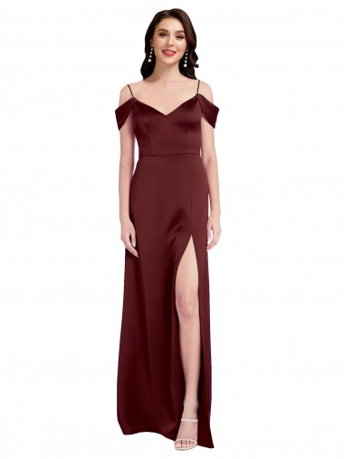 Purchase Draped Off the Shoulder Sleeves Slim A-Line Stretch Satin Prom Dress with Side Slit UK