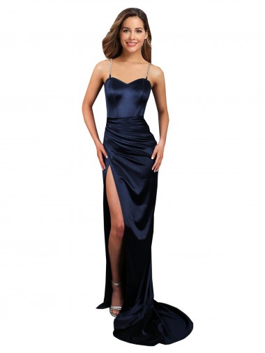 Purchase Pleated Sash Skirt Long Stretch Satin Prom Dress with High Slit UK