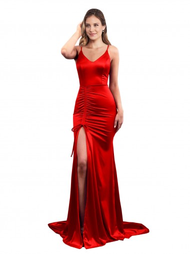 Purchase Long Pleated Stretch Satin Prom Dress with High Slit UK