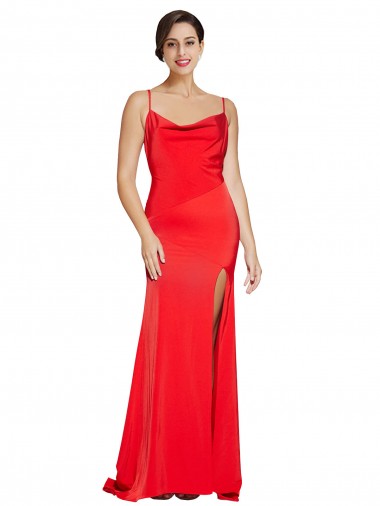 Purchase Low Back Cowl Neck Stretch Satin Prom Dress with High Side Slit UK