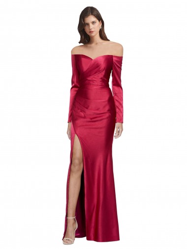 Purchase Long Sleeves Off the Shoulder Stretch Satin Prom Dress with High Side Split UK