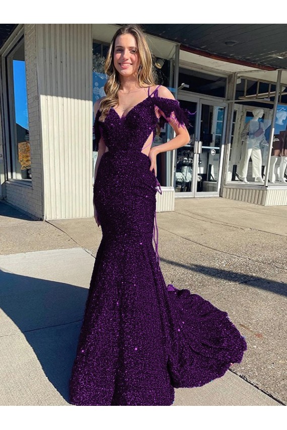 Purchase Cold Shoulder Sleeveless Long Court Train Velvet Sequin Prom Dress UK