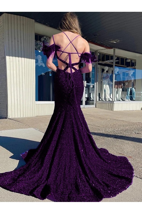 Purchase Cold Shoulder Sleeveless Long Court Train Velvet Sequin Prom Dress UK