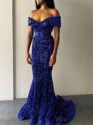 Purchase Mermaid Off the Shoulder Sleeveless Long Sweep Train Velvet Sequin Prom Dress UK