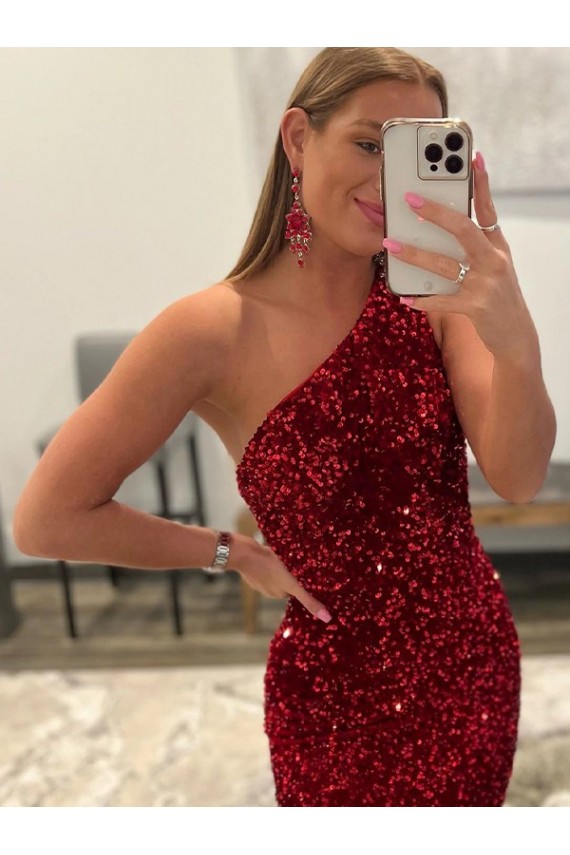 Purchase Open Back One Shoulder Sleeveless Long Sweep Train Velvet Sequin Prom Dress UK