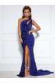 Purchase Mermaid One Shoulder Sleeveless Long Court Train Velvet Sequin Prom Dress with Slit UK