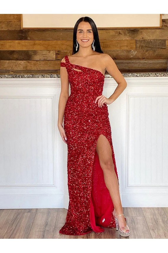 Purchase One Shoulder Sleeveless Long Sweep Train Velvet Sequin Prom Dress UK