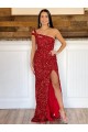 Purchase One Shoulder Sleeveless Long Sweep Train Velvet Sequin Prom Dress UK