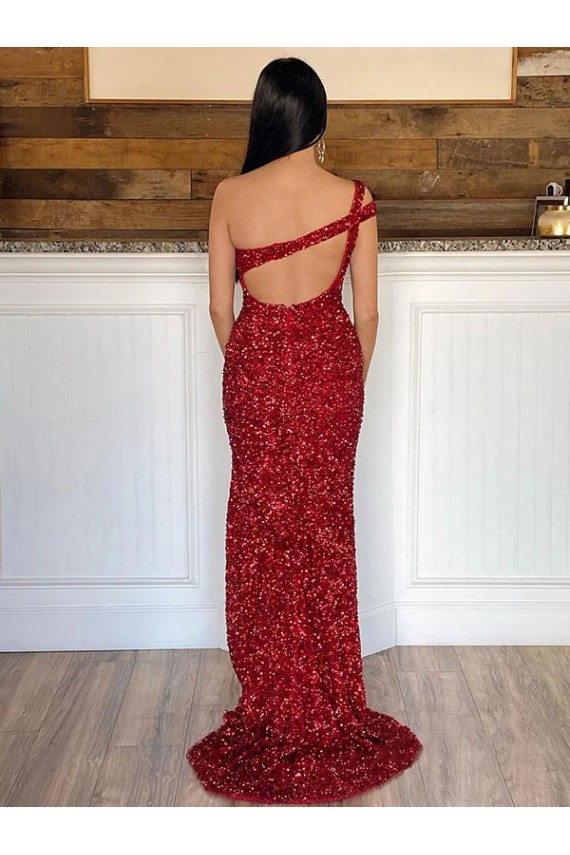 Purchase One Shoulder Sleeveless Long Sweep Train Velvet Sequin Prom Dress UK