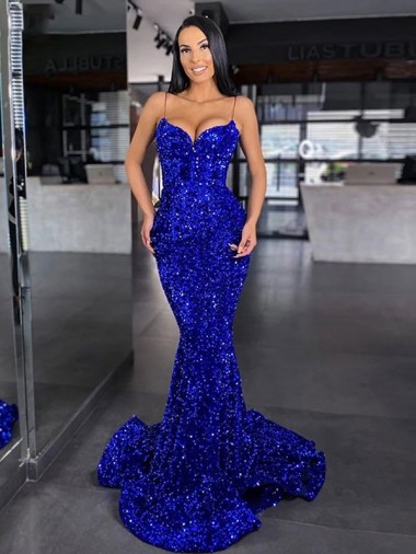 Purchase Mermaid Spaghetti Straps Sleeveless Long Sweep Train Velvet Sequin Prom Dress UK