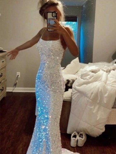 Purchase Long Spaghetti Straps Sleeveless Sweep Train Velvet Sequin Prom Dress UK