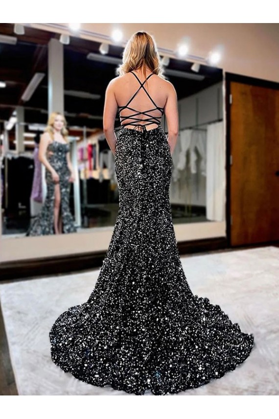 Purchase Spaghetti Straps Sleeveless Long Sweep Train Velvet Sequin Prom Dress UK