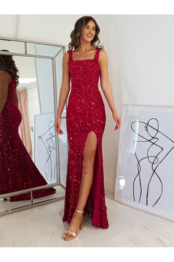 Purchase Square Neck Sleeveless Long Velvet Sequin Prom Dress with Slit UK