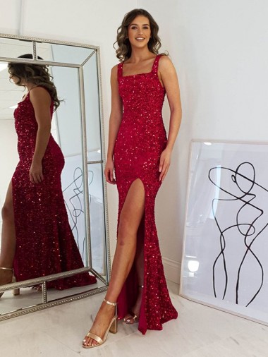 Purchase Square Neck Sleeveless Long Velvet Sequin Prom Dress with Slit UK