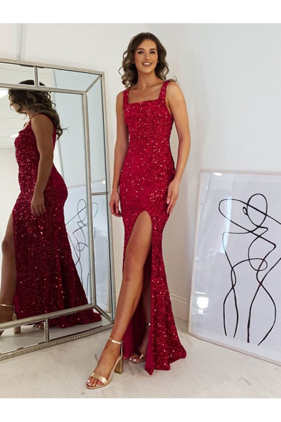 Purchase Square Neck Sleeveless Long Velvet Sequin Prom Dress with Slit UK