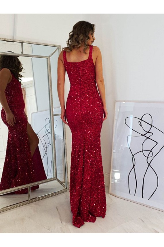 Purchase Square Neck Sleeveless Long Velvet Sequin Prom Dress with Slit UK