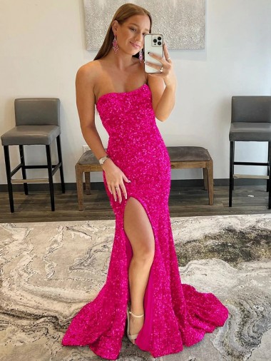 Purchase Strapless Sleeveless Long Sweep Train Velvet Sequin Prom Dress with Side Slit UK