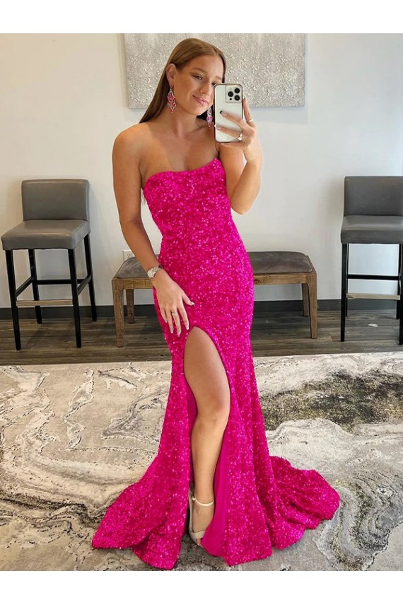 Purchase Strapless Sleeveless Long Sweep Train Velvet Sequin Prom Dress with Side Slit UK