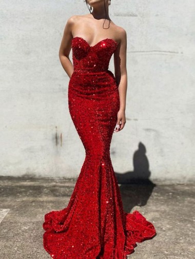 Purchase Mermaid Sweetheart Sleeveless Long Court Train Velvet Sequin Prom Dress UK