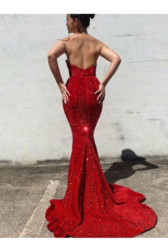 Purchase Mermaid Sweetheart Sleeveless Long Court Train Velvet Sequin Prom Dress UK