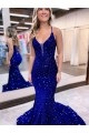 Purchase Mermaid V-Neck Sleeveless Long Court Train Velvet Sequin Prom Dress UK