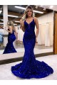 Purchase Mermaid V-Neck Sleeveless Long Court Train Velvet Sequin Prom Dress UK