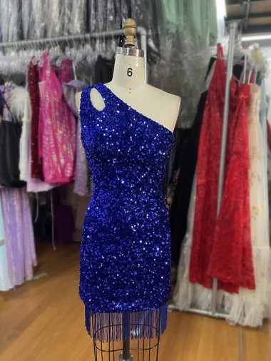 Purchase One Shoulder Keyhole Sleeveless Short Velvet Sequin Prom Dress UK