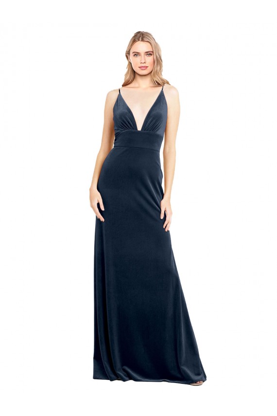 Purchase V-Back Long Velvet Prom Dress with Notched V-Neck and Spaghetti Straps UK