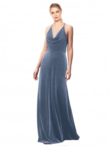 Purchase Halter Cowl Neck Long A-Line Velvet Prom Dress with Keyhole Back UK