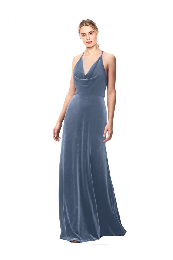 Purchase Halter Cowl Neck Long A-Line Velvet Prom Dress with Keyhole Back UK