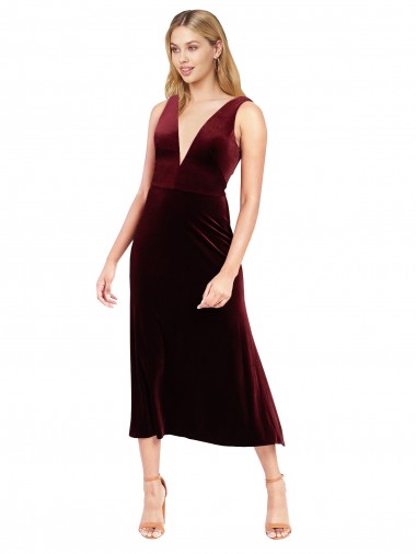 Purchase Daring Plunging V-Neckline Short Midi Length Velvet Cocktail Prom Dress / Homecoming Dress UK