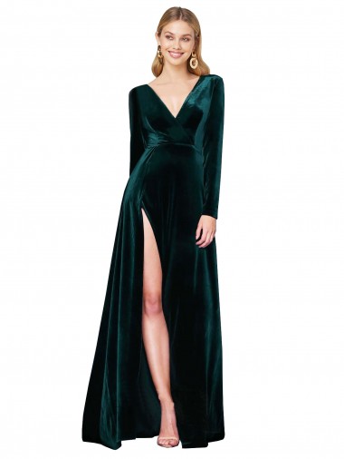 Purchase Deep V-Neck Long Sleeves Velvet Prom Dress with High Side Split UK