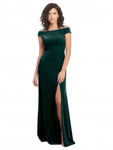 Purchase Floor Length Cap Sleeves Long Velvet Prom Dress with High Side Slit UK