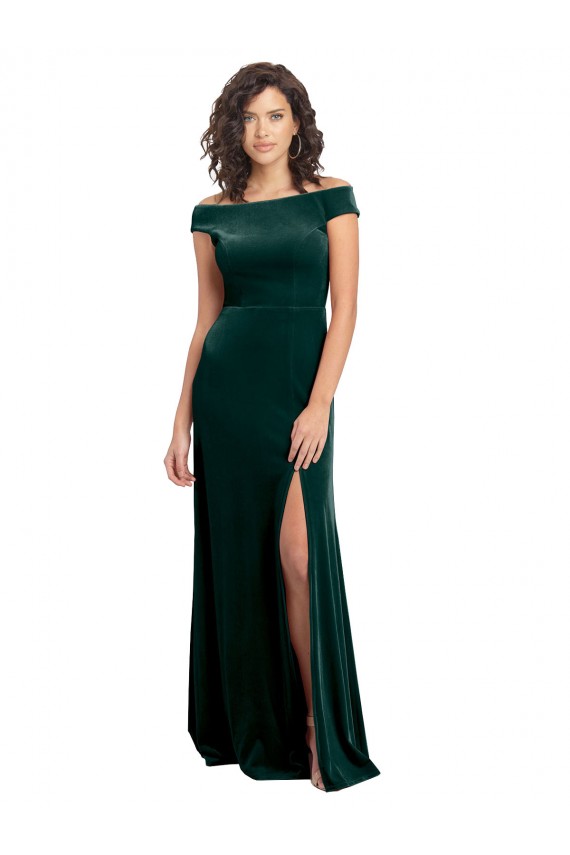 Purchase Floor Length Cap Sleeves Long Velvet Prom Dress with High Side Slit UK