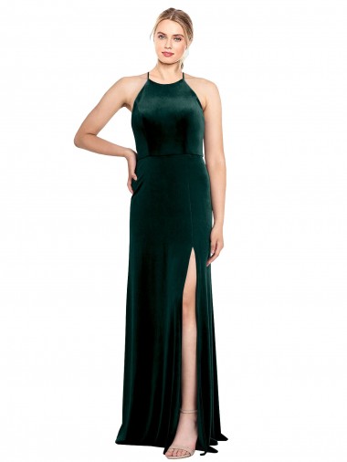 Purchase Long Jewel Neck Full Length Velvet Prom Dress with Side Slit UK