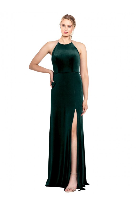 Purchase Long Jewel Neck Full Length Velvet Prom Dress with Side Slit UK