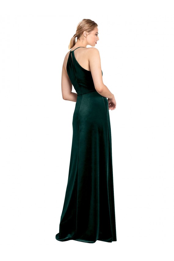 Purchase Long Jewel Neck Full Length Velvet Prom Dress with Side Slit UK