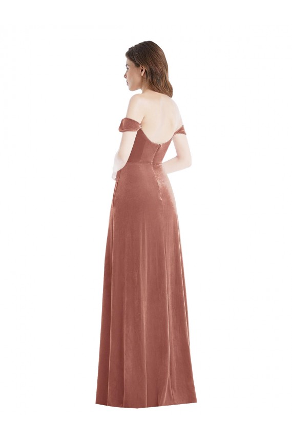 Purchase Off the Shoulder Flounce Sleeve Velvet Maxi Prom Dress & Pockets UK