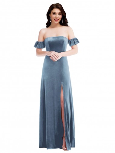 Purchase Ruffle Sleeve Off the Shoulder Velvet Maxi Prom Dress UK