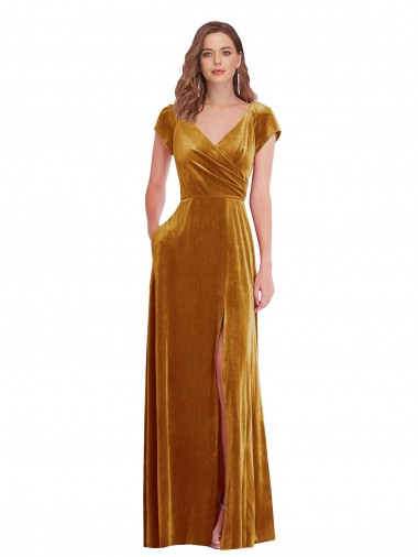 Purchase Cap Sleeve Faux Wrap Velvet Maxi Prom Dress with Pockets UK