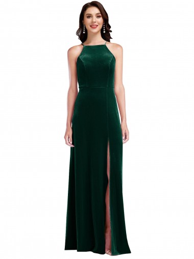 Purchase Velvet Halter Maxi Prom Dress with Front Slit & Pockets UK