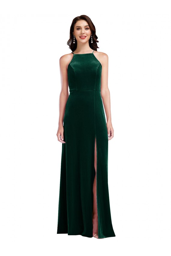 Purchase Velvet Halter Maxi Prom Dress with Front Slit & Pockets UK